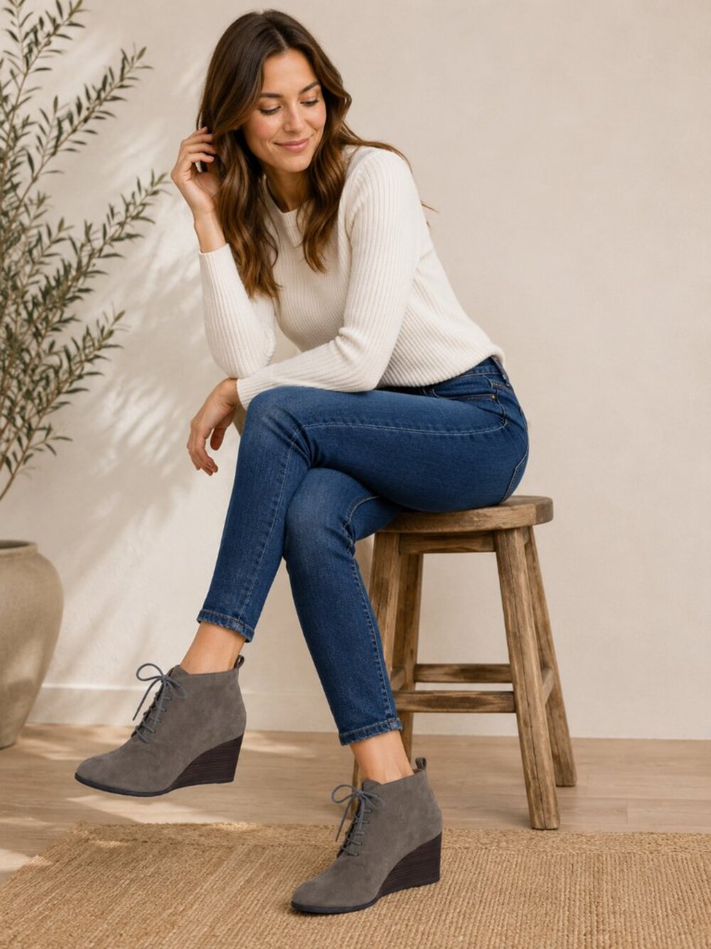 Lucky Brand Semihr Womens Gray Almond Toe Leather Ankle Wedge 7.5
